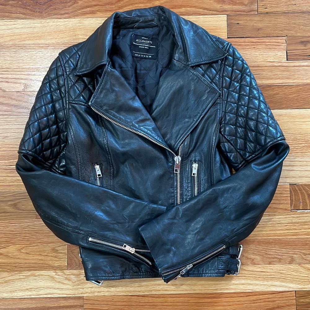 Pre owned Black quilted shoulder 100% leather ALL SAINTS Walker Jacket size 6